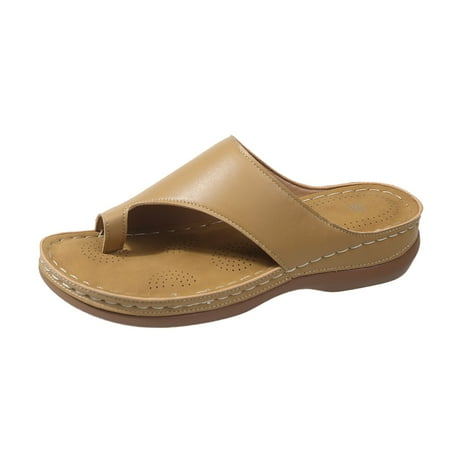 

Krdevn Women s Summer Fashion Solid Color Slip On Beach Sandals Casual Simple Flat Shoes Brown 8.5