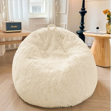 XeGe Fluffy Stuffed Animal Storage Bean Bag Chair Cover(No Filler), Faux Fur Washable Ultra Soft Bean Bag Cover for Plush Toys or Textile,Plush Shaggy Large Beanbag for Adults Kids Teens, Beige
