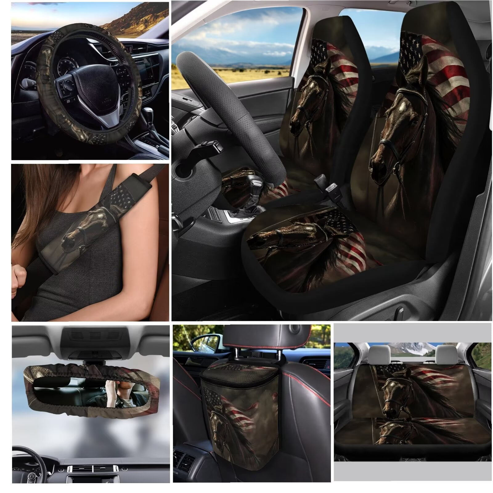 JOAIFO Boho Horse Car Seat Covers Full Set with Steering Wheel Cover American Flag Car Decor Black Car Essentials for Women Men Front Seat Covers Back Seat Organizer