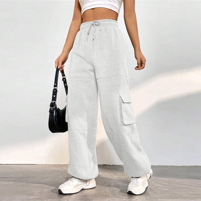 Jsaierl Womens Cargo Sweatpants Drawstring Elastic Waisted Lounge Straight Leg Pants Soft Comfy Running Workout Capris with Flap Pockets