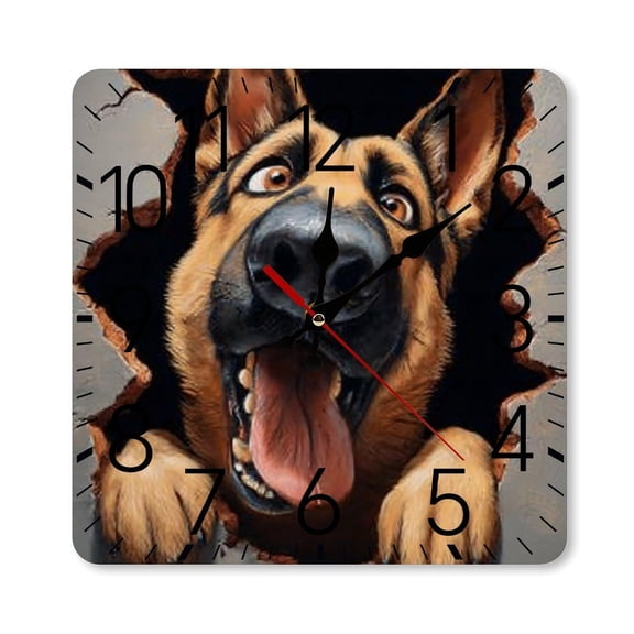 RKSupls 10×10inch Square Silent Wall Clock Wooden Frame, German Shepherd Wall Scale Decorative Clock for Home Bedroom Living Room Office