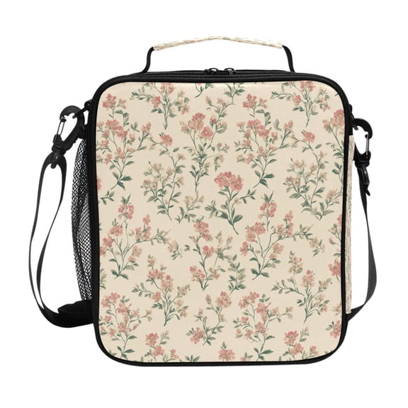 Vintage Style Tiny Pink Flowers Spring Insulated Lunch Bag Reusable Lunch Box Lunch Container with Straps
