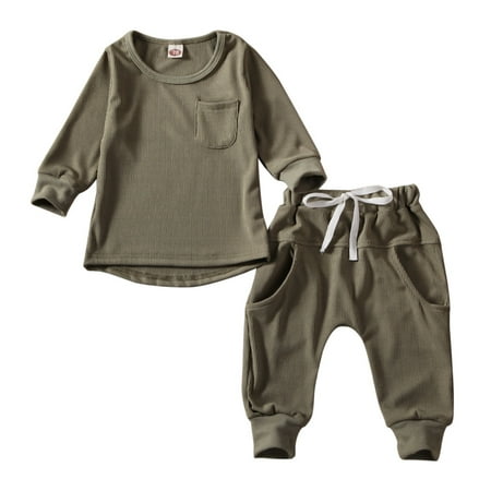 

Canrulo Toddler Baby Boy Outfits Solid Color Long Sleeve T-Shirt + Drawstrings Pants 2pcs Clothes Army Green 3-6 Months