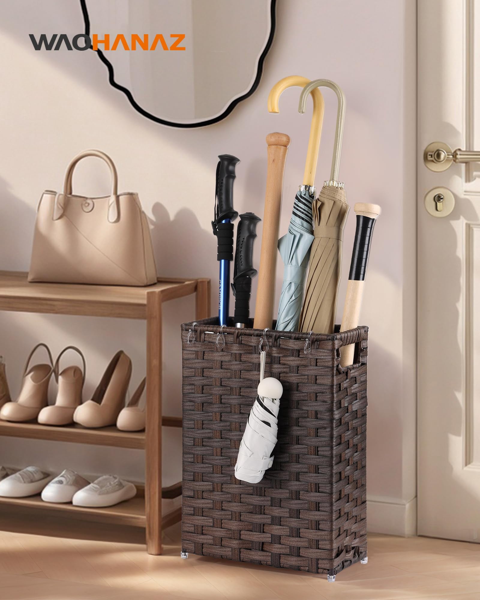 Rattan Umbrella Stand, Umbrella Holder for Entryway, Hand Woven Umbrella Rack Organizer Freestanding, with a Detachable Drip Tray, 4 Hooks, 11.8" L x 5.5" W x 16.5" H