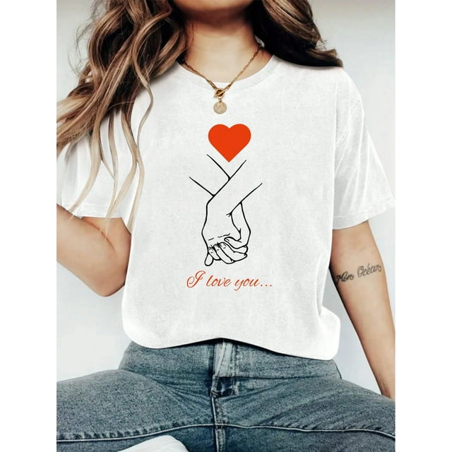 Women's Fashionable LOVE & Hands T-Shirt For Valentine's Day - Casual Short Sleeve Crew Neck Top - Lightweight & Breathable For Spring & Summer Wardrobe Tee For Adult, Men, Women, Teen, Teenager, Ado