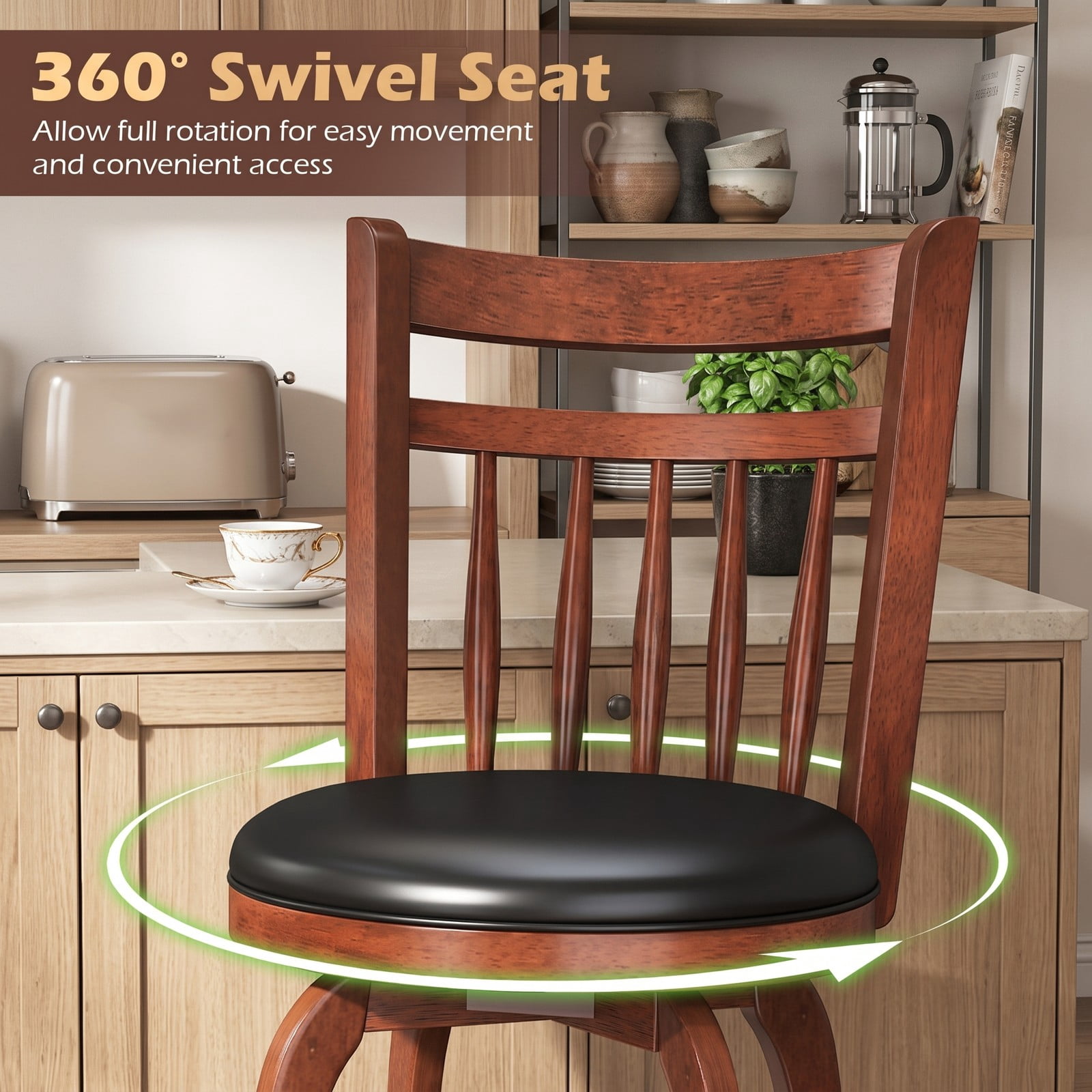 Furnibear Swivel Bar Stools Set of 2, 29 Inch Bar Height Faux Leather Upholstered Barstools with Curved Backrest and Footrest for Kitchen Island, Espresso and Black
