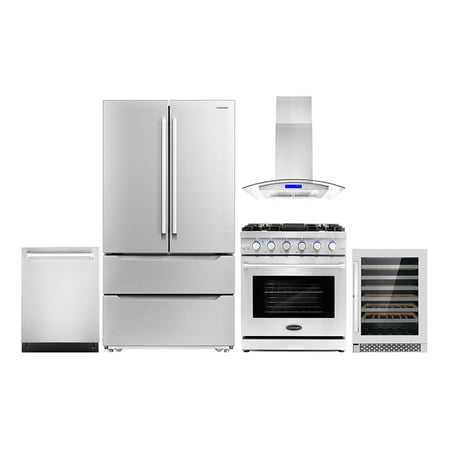 Cosmo 5 Piece Kitchen Appliance Package with 30  Freestanding Gas Range 30  Island Mount 24  Built-in Fully Integrated Dishwasher French Door Refrigerator & 48 Bottle Wine Refrigerator