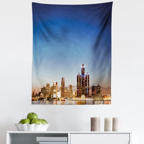 Detroit Tapestry, Michigan Skyline at Twilight Waterfront Lively City Serene Calm Travel Destination, Fabric Wall Hanging Decor for Bedroom Living Room Dorm, 5 Sizes, Multicolor, by Ambesonne