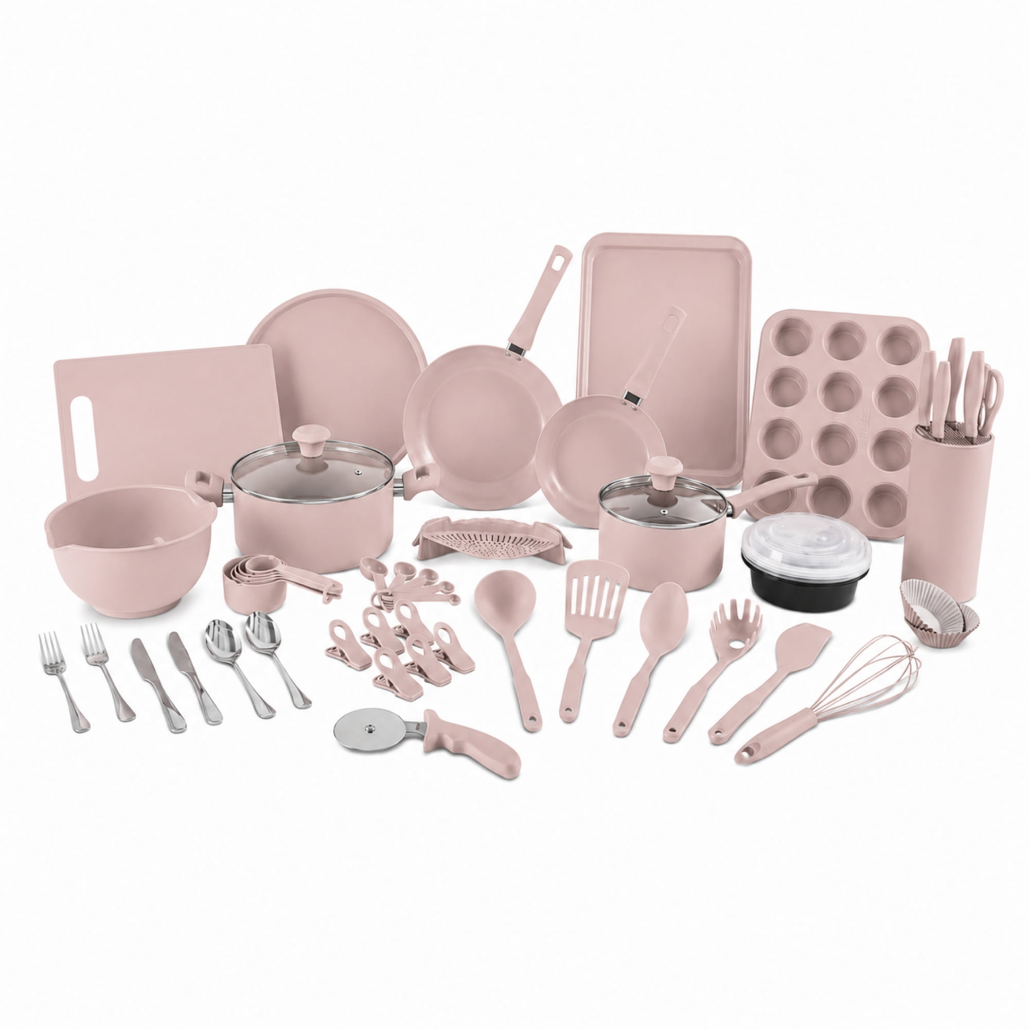 Elements by Thyme & Table 60-Piece Ceramic Non-Stick Cookware Set - Dusty Rose