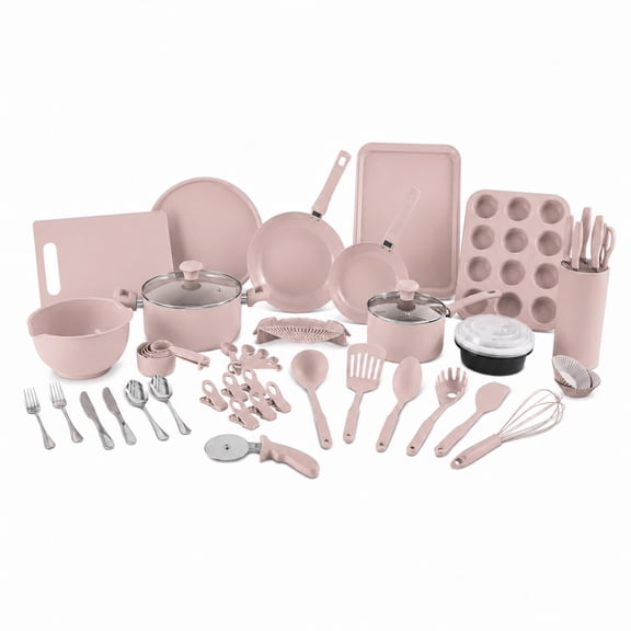 Elements by Thyme & Table 60-Piece Ceramic Non-Stick Cookware Set - Dusty Rose