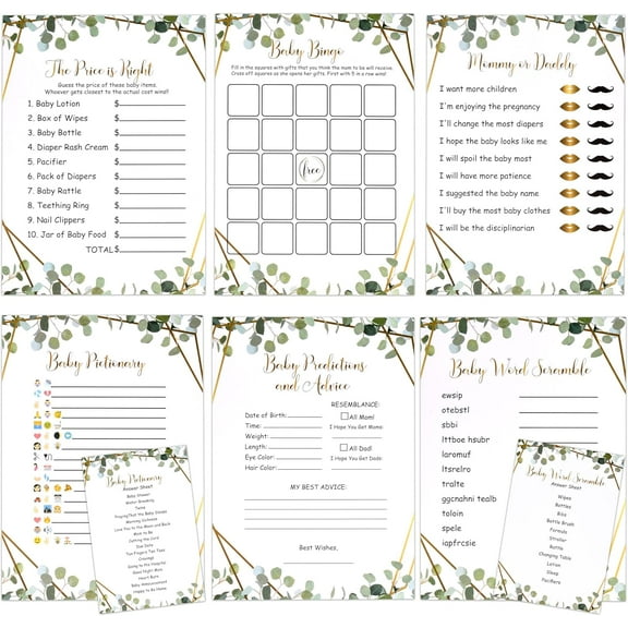 Gift Boutique 6 Greenery Eucalyptus Baby Shower Games for Boys & Girls 50 of Each Total 300 Game 150 Double Sided Cards Mommy or Daddy Bingo Advice & Predictions The Price is Right Word Scramble