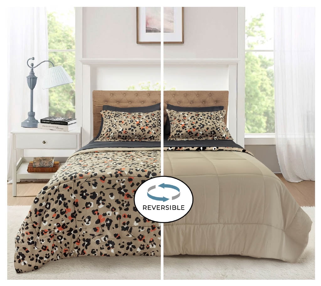 Mainstays All in One Reversible Comforter and Sheet set- 7 Piece, Full, Beige Animal Print