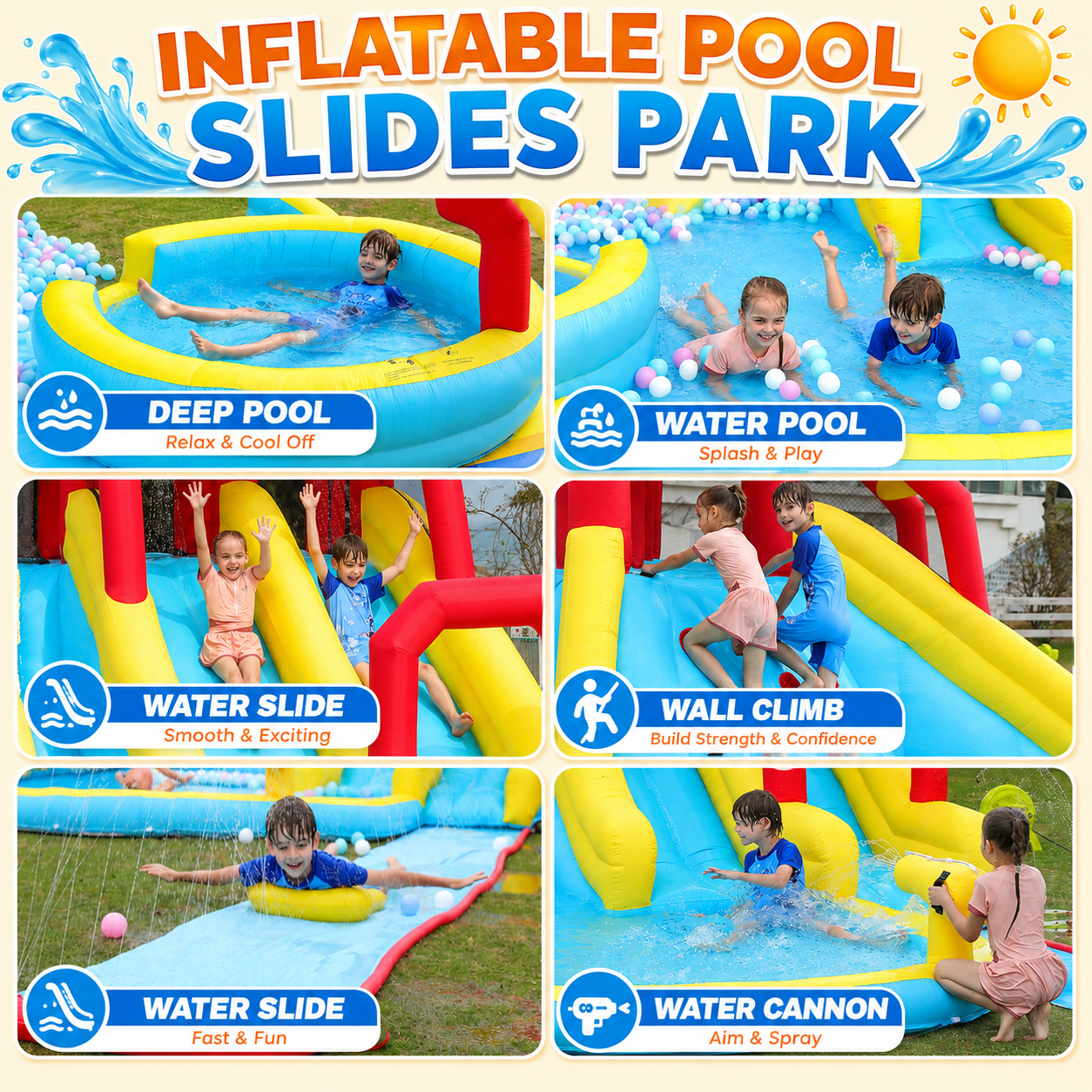 Neche 222" Giant Large Inflatable Water Slide Bounce House With 750W Blower, Splash Pool, Backyard Water Park for Kids Ages 3-8, Max 500lbs, Indoor & Outdoor Use