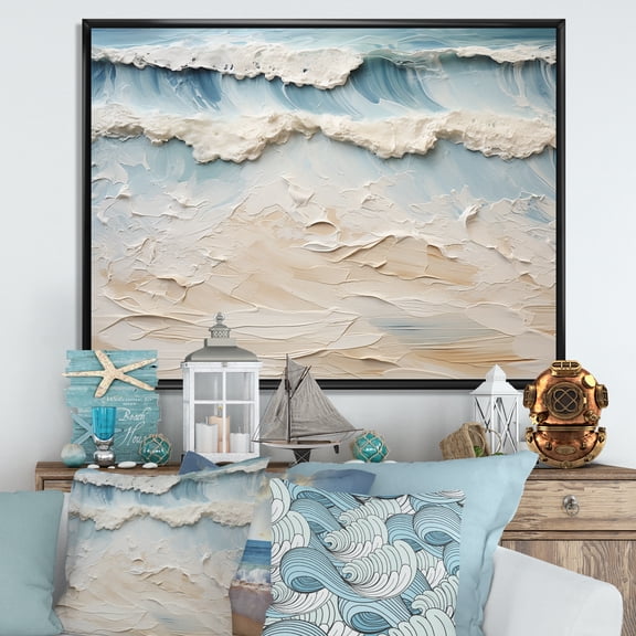 Designart "Taupe And Azure Seaside Artwork I" Beach Floater Framed Wall Art Living Room