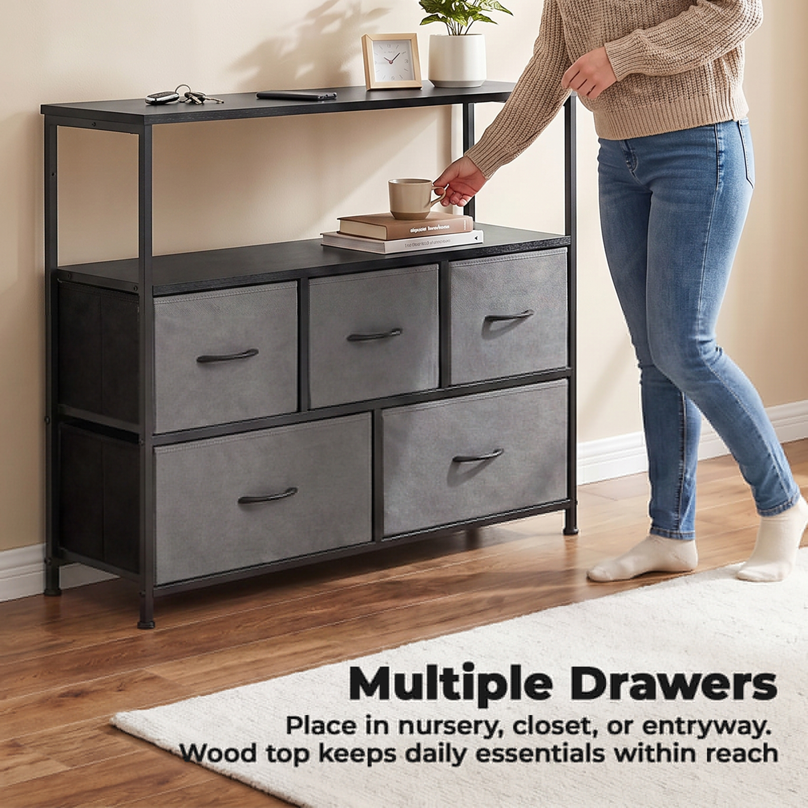Alvantor Tall Dresser Fabric Storage Tower ,Wooden Top for Kid Room, Closet, Entryway, Nursery