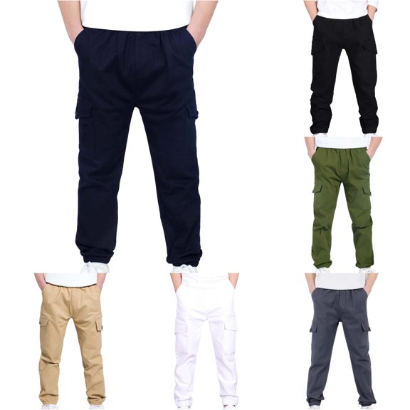 Weebloom Boys Cargo Pants Sweatpants Uniform Dress Pants Stretch Elastic Waist School Kids Twill Joggers Trousers Dark Blue 10-11 Years