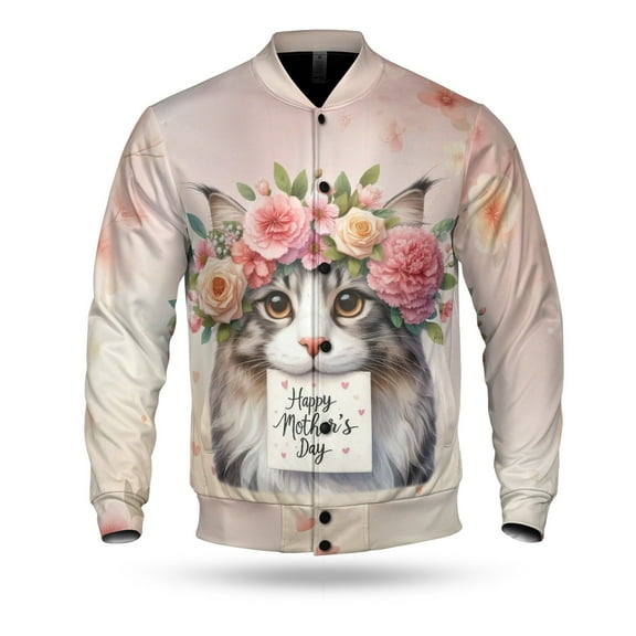 Happy Mother's Day Maine Coon with Flower Crown All Over Print 3D Baseball Jacket Cat Lover Kitten Owner Gifts Bomber Jacket Softball - 13004