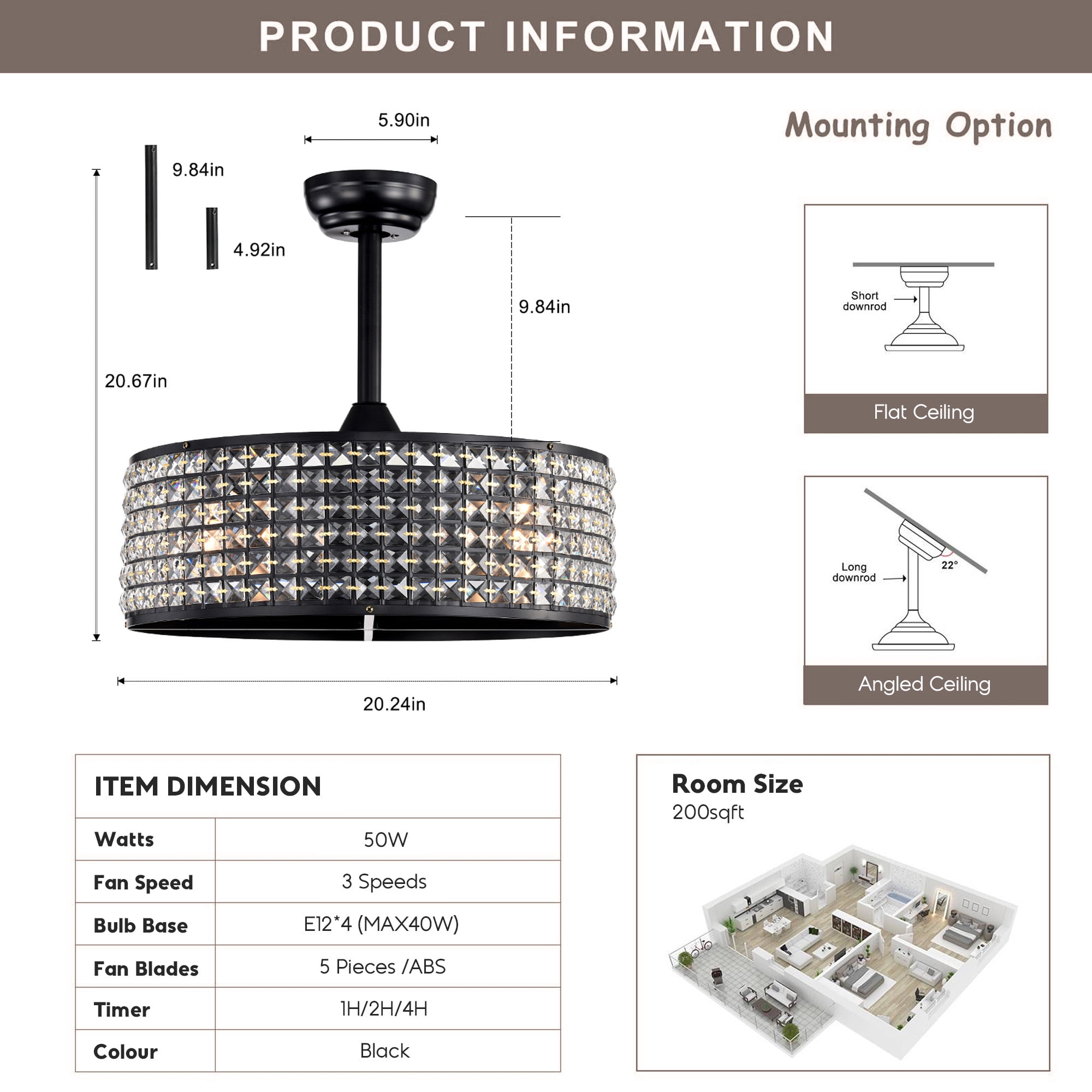 Aukfa Ceiling Fan with Light and Remote, 20" Low Profile Ceiling Fan for Living Room,Bedroom,Crystal