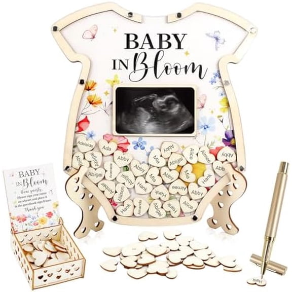Wildflower-Baby-In-Bloom-Baby-Shower-Decorations-Guest-Book-Alternative Set: Sign-In Photo Frame With Sonogram Keepsake Frame & Pen & 60 Wood Slices with Box For Gender Reveal Party Decoration