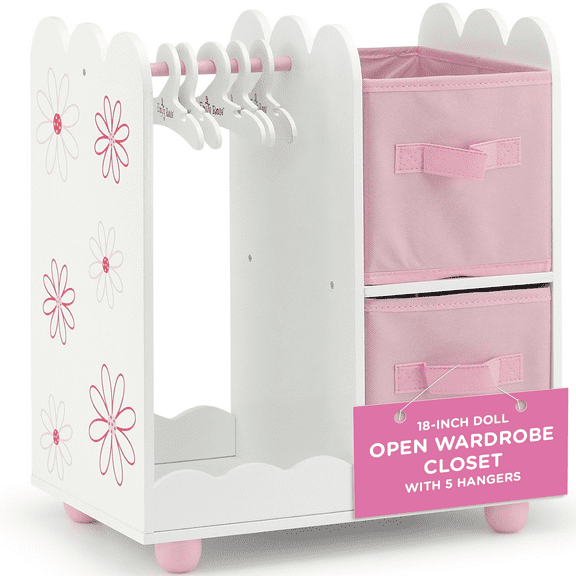 Emily Rose 18 Inch Doll Clothes Pink Storage Open Wardrobe with 2 Large Storage Bins and 5 Clothes Hangers