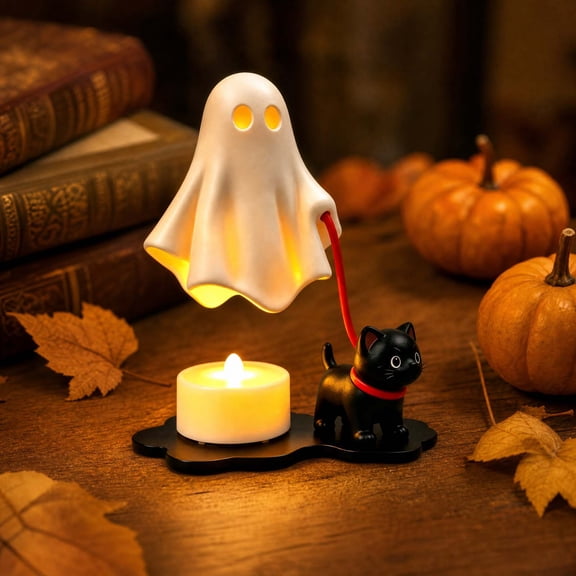 Lighted Ghost Walking Black Cat Tabletop Ornament, Warm LED Glow Seasonal Halloween Desktop Decor, Battery‑Operated Accent Statue for Indoor Home Decoration