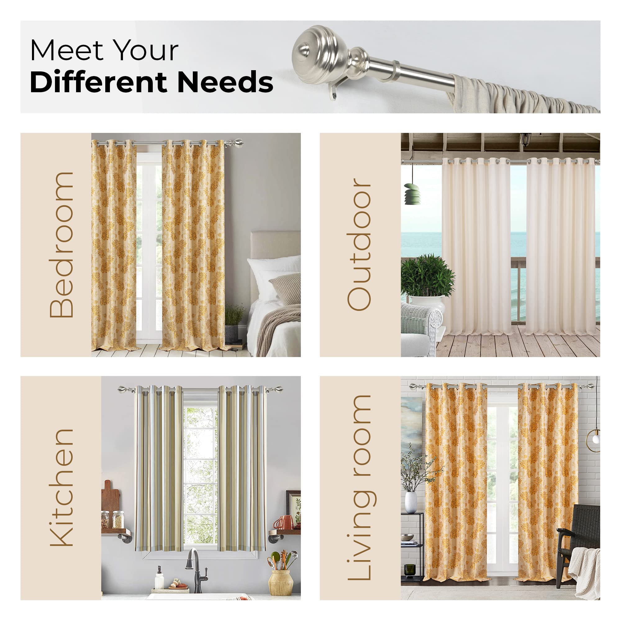 Deco Window Modern 1 in Satin Silver Stacked Round Adjustable Single Curtain Rods, 52 in - 144 in
