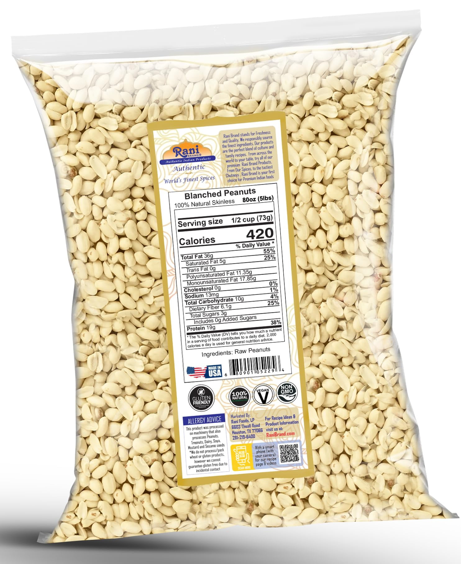 Rani Peanuts Skinless (Blanched, Uncooked) 80oz (5lbs) 2.27kg Bulk ~ All Natural | Vegan | Gluten Friendly | Kosher  ~ Spanish Grade Groundnuts