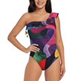 thumbnail image 4 of Daiia Vibrant Abstract Flow Women's One Piece Swimsuits Personalized One Shoulder Swimwear Asymmetric Ruffle Bathing Suits-X-Large, 4 of 8