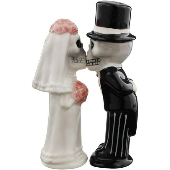 Love Never Dies Skeleton Bride and Groom Kissing Magnetic Salt and Pepper Shaker