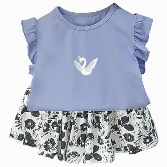 TOWED22 Infant Baby Girl Clothes 2 Piece Graphic Print Ruffle Sleeve Top Tank and High Waist Shorts Set Summer Outfits Soft Everyday Clothing(Blue,18-24 M)