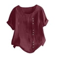 thumbnail image 2 of SDNall Cotton Linen Tops for Women Summer Casual Color Round Neck Short Sleeve Buttons Tops (Wine,Sizes:S-3XL), 2 of 9