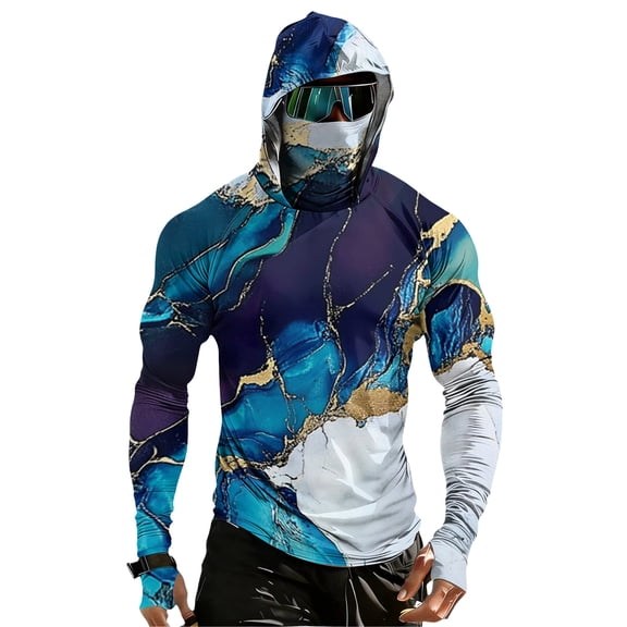 Sun Shirt UPF 50 Men's Fishing Long Sleeve UV Protection Hoodie with Face Mask and Thumb-Holes Hiking Rash Guard Swimming Running