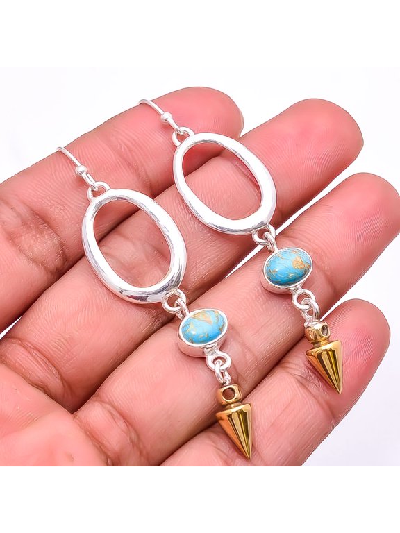 Copper Blue Turquoise 925 Sterling Silver Two Tone Arrow Head Earring 2.73" E25, Beautiful Jewelry For Woman, New Year Sale, Valentin's Day Gift