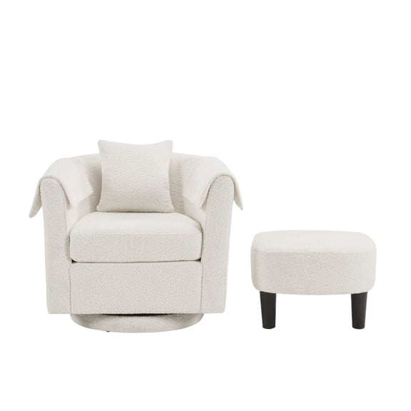 Swivel Accent Chair with Ottoman Set, Modern Chenille Armchair with Removable Back Pillow & 2 Armrest Covers for Living Room, Bedroom, Office, White