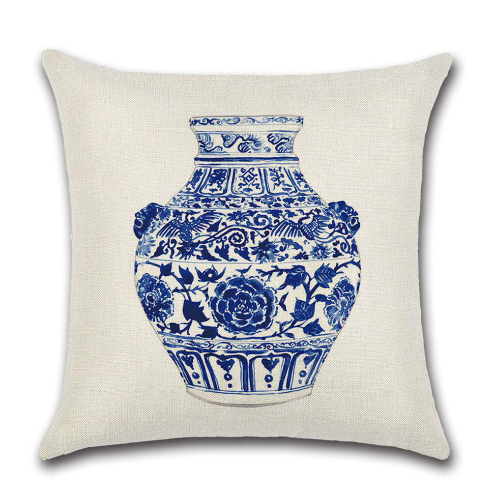 Blue and White Porcelain Cotton Linen Pillow Case Cushion Cover Home Decor 