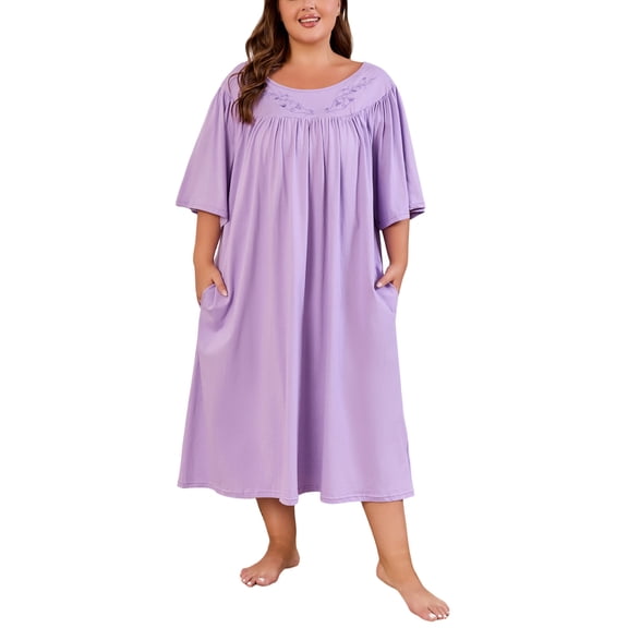FEREMO 100% Cotton Nightgowns for Plus Size Women Pleated Soft Sleepwear with Pockets