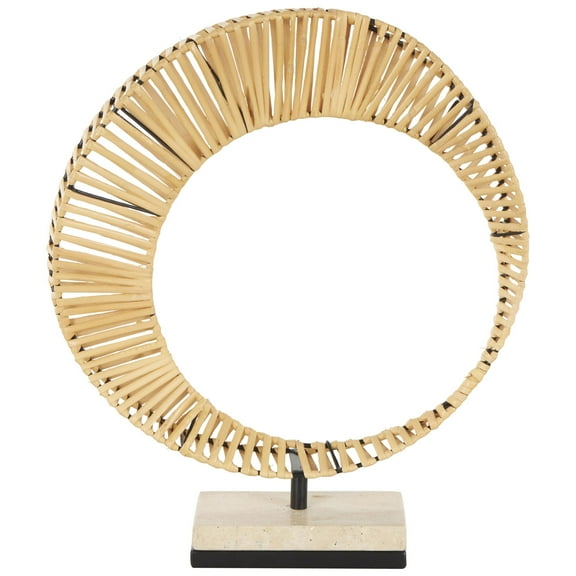 13" x 15" Brown Rattan Handmade Mobius Strip Inspired Abstract Sculpture with White Marble Base, by DecMode