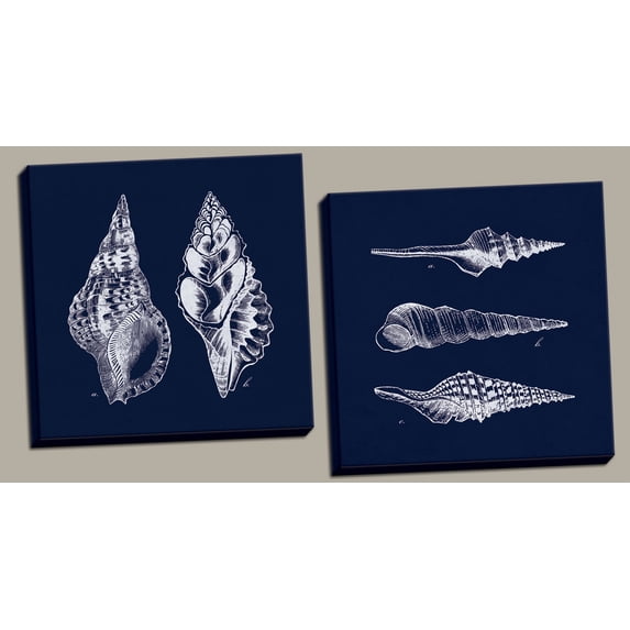 Trendy, Vintage Negative of Sea Shells; Coastal Decor; Two 12x12in Hand-Stretched Canvases. Indigo/White