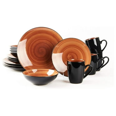 Sonoma Stoneware 16pc Dinnerware Set, Outside Black   Inside Hand Painting Color Spice