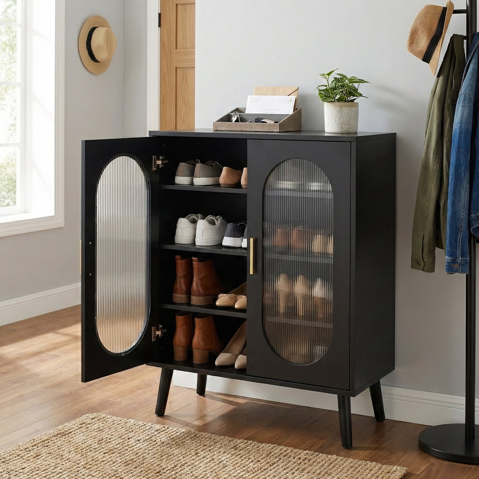 Shoe Cabinet with USB LED Light Strip 24-Key Remote Control Adjustable Shelves Translucent Polycarbonate Doors High Feet Entryway Storage Organizer