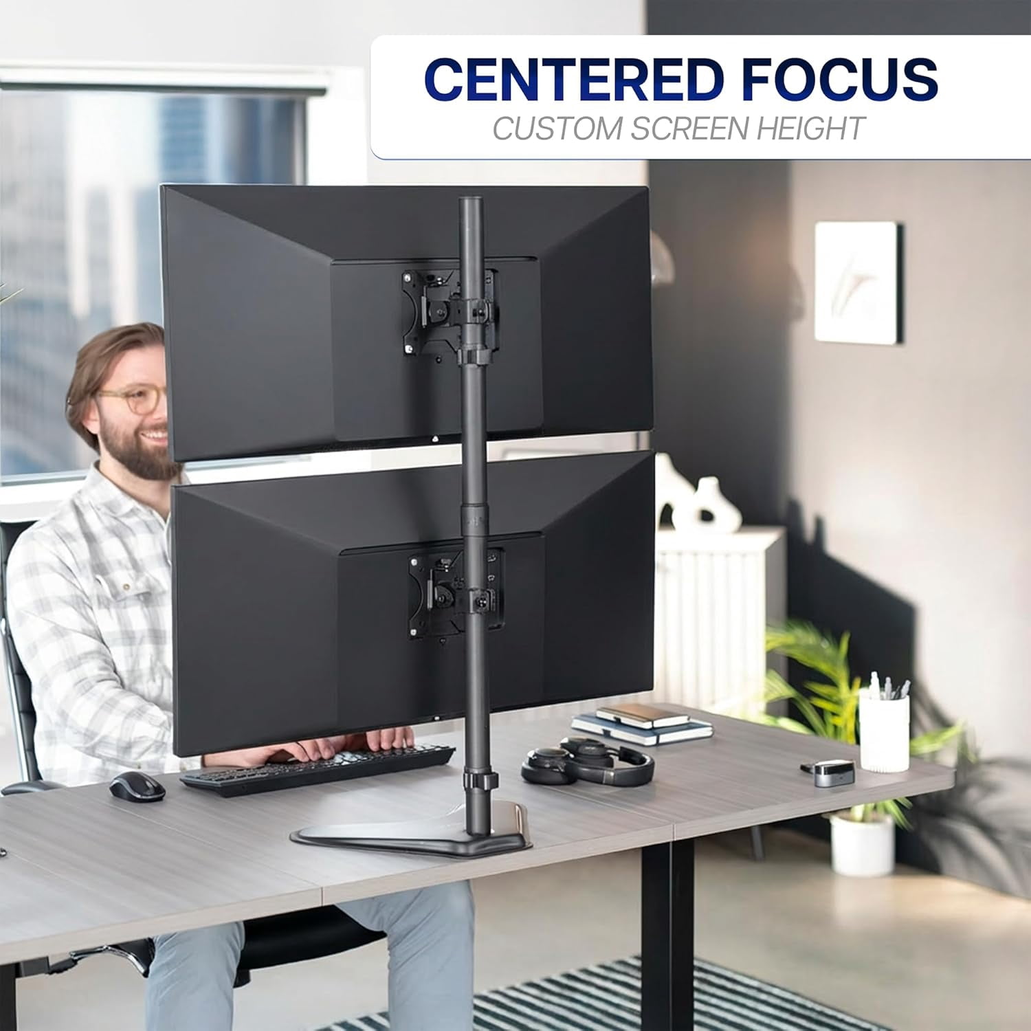 Dual Monitor Desk Stand -Standing LCD Mount for 2 Ultrawide Screens  to 34 inches, Black, STAND-V002L