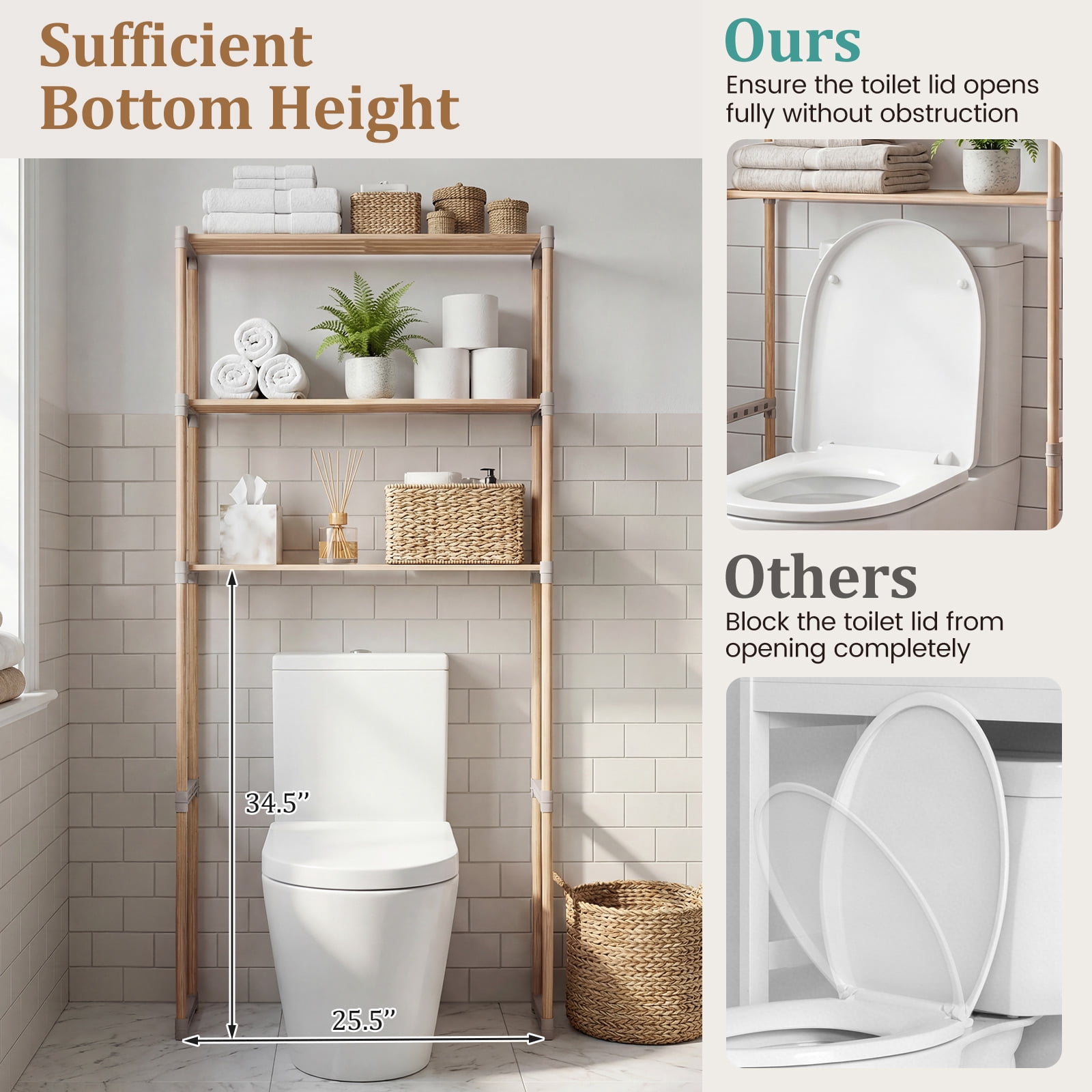 Gymax Over The Toilet Storage Rack 3-Tier Pine Wood Bathroom Organizer w/ Open Shelves