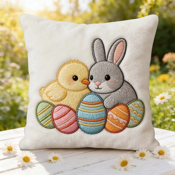 Easter Pillowcase Printed, Cute Rabbit Egg Chick Cushion Cover 18x18, Soft Breathable Fabric Pillow Case for Sofa Bed, Hidden Zipper Home Decor, Spring Festival Gift for Family