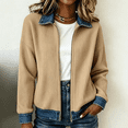 thumbnail image 4 of JULMCOMO Ribbed Knit Jacket for Women Collared Denim Contrast Zip Up Jacket Spliced Jean Trim Long Sleeve Casual Cardigan Khaki XL, 4 of 5