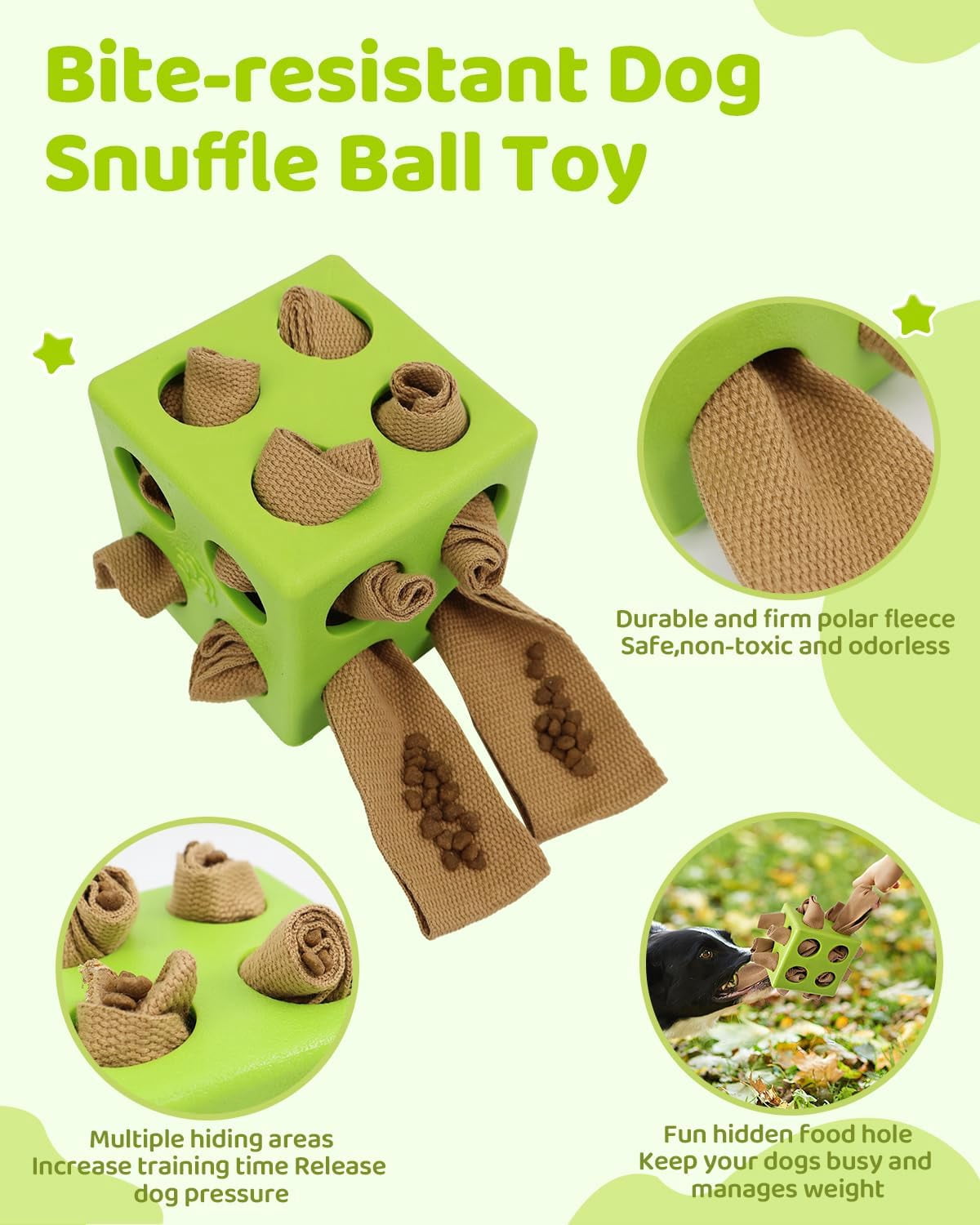 Interactive Dog Puzzle Toy for Natural Foraging Skills, Durable Snuffle Cube with Cloth Strips for Hide & Seek Treats, Slow Feeder for Mental Stimulation and Stress Relief in Green