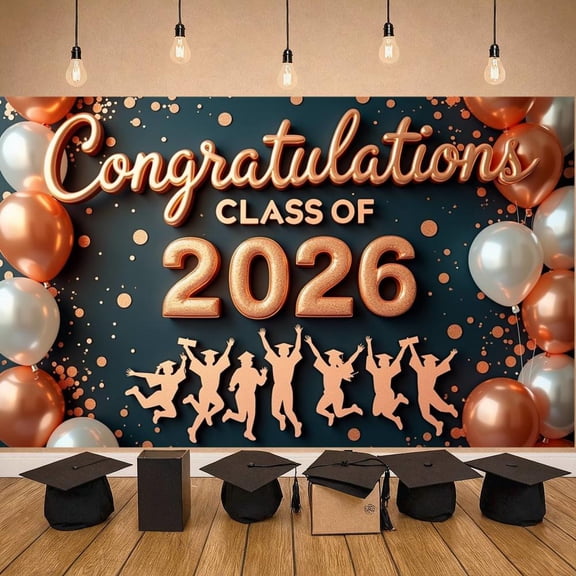Gold Glitter Graduation Banner Silver Balloons Class of 2026 Banner Graduation Silhouettes Copper Confetti Graduation Backdrop for Graduation Ceremony High School Graduation Grad Party
