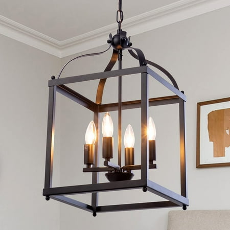 

YIGOU Industrial Pendant Light Hanging Chandelier with Classic Black Metal Cage for Farmhouse Entryway Dining Room Kitchen Island Foyer 4- Light