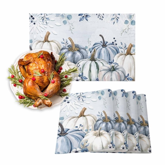 Fall Placemats Set of 4 White Pumpkin Place Mats Thanksgiving Placemat Autumn Blue Eucalyptus Leaf Table Mats for Dining Kitchen Table Holiday Dinner Party Home Fall Decorations 13x19 Inch