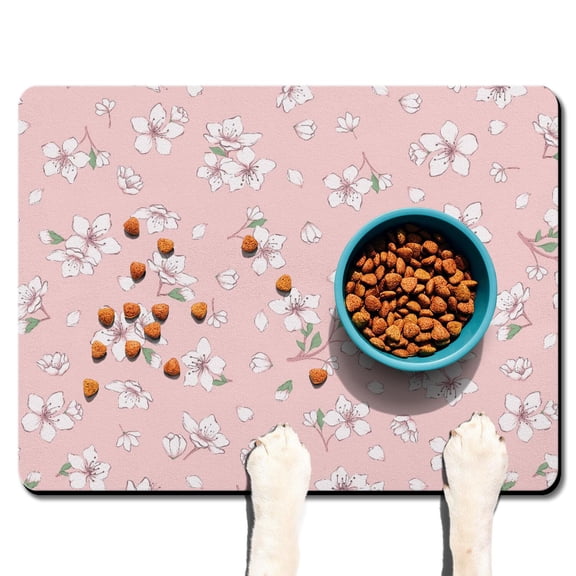 Spring Floral Dog Food Mat - Bright Colorful Floral Print, Waterproof Pet Bowl Mat with 4-Layer Protection