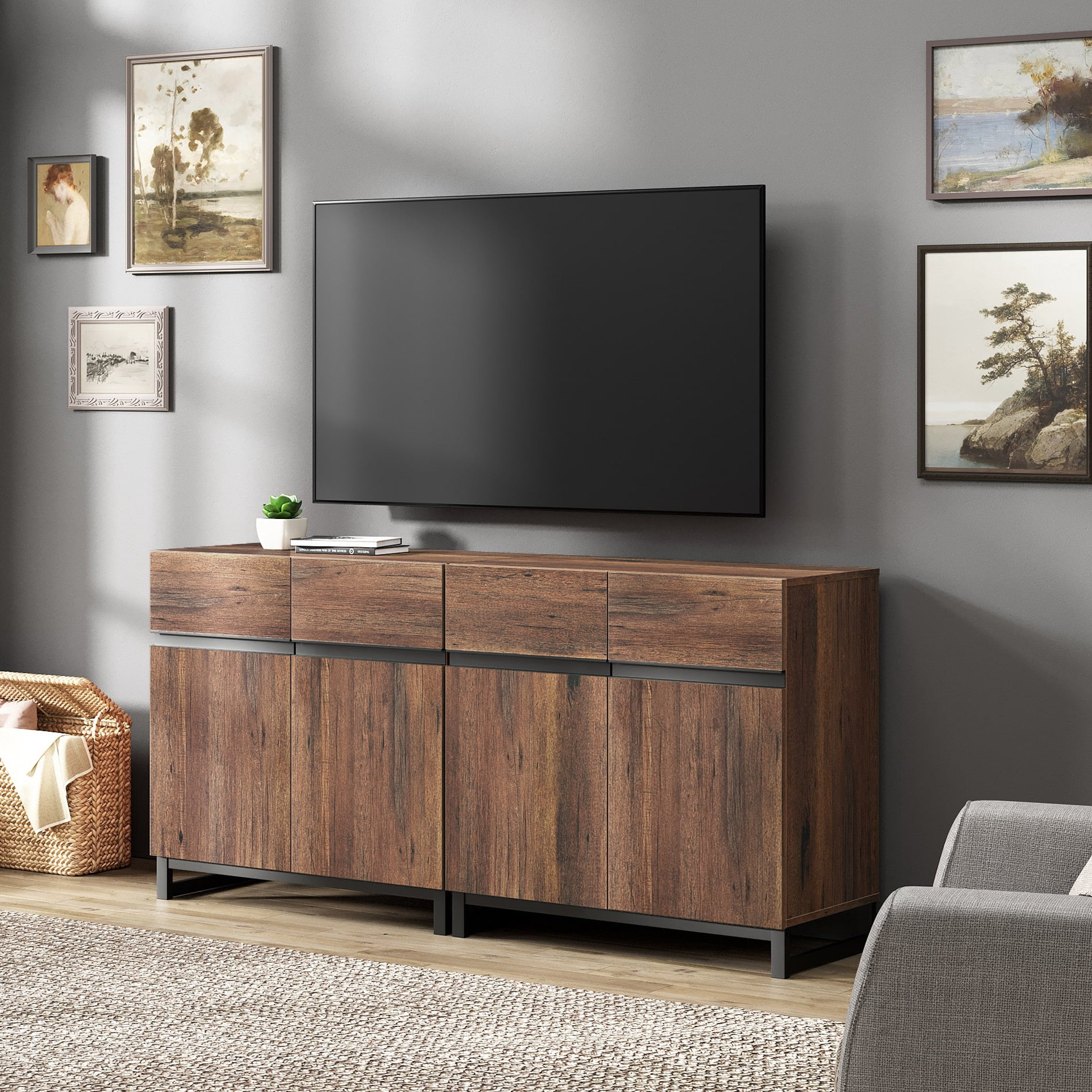 63 Inch Modern TV Stand for TVs up to 70 Inch, 2 Packs Wood Entertainment Center with Storage Doors, Adjustable Shelves and Sturdy Metal Base, Media Console Cabinet for Living Room Bedroom,Brown